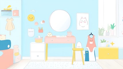 A pastel-toned children's room, featuring a vanity, soft furnishings, and playful decorations