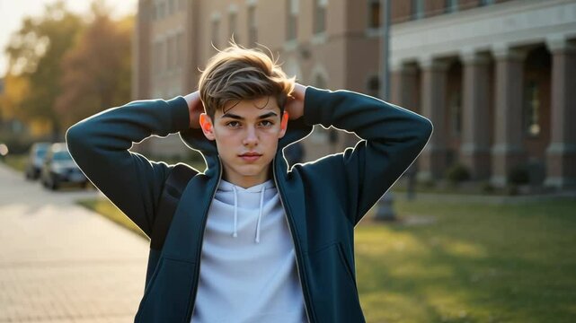 Stylish teenage boy in hoodie posing confidently outdoors on city street with soft natural light. Concept of urban youth identity