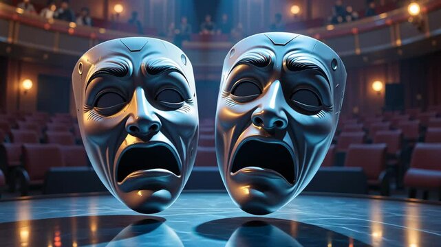 Theatrical comedy and tragedy masks under blue and red lights on stage in dark hall. Concept of drama and duality in performance art