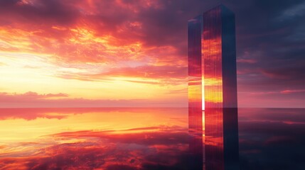 Sunset Reflection, Futuristic Skyscraper at Golden Hour