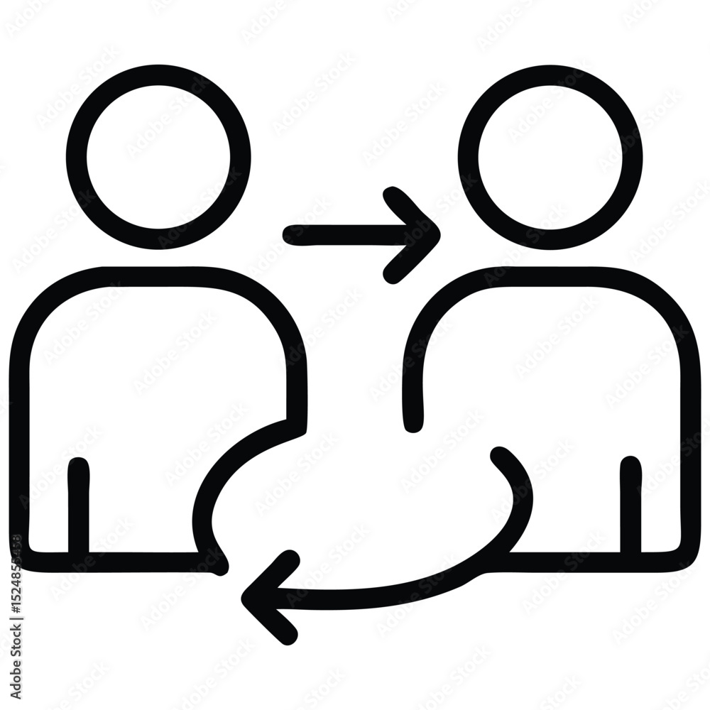 Poster two people exchanging or returning something, showcasing communication or feedback process with arro