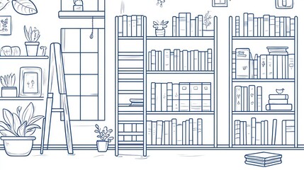 Cozy, lined-drawing study with bookshelves
