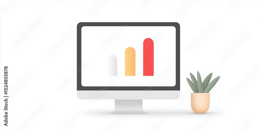 Poster computer monitor displaying colorful bar graph representing growth, alongside a modern potted plant,