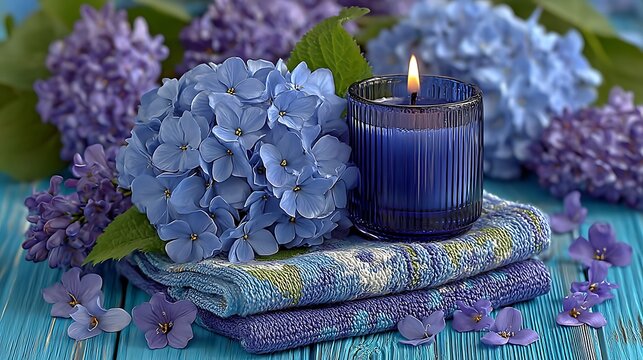 Serene blue hydrangea blossom with a candle on soft towels creates a relaxing spa atmosphere