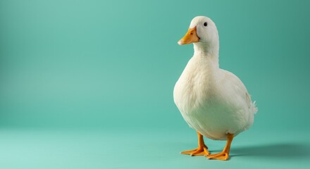 Obraz premium A white duck standing gracefully against a vibrant turquoise background, showcasing its features elegantly