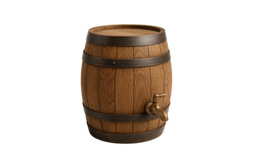 Obraz premium Vintage wooden barrel with brass tap isolated on transparent background. Rustic oak keg for wine, whiskey, or craft beer storage and pouring. Traditional brewery equipment, perfect for pub, bar