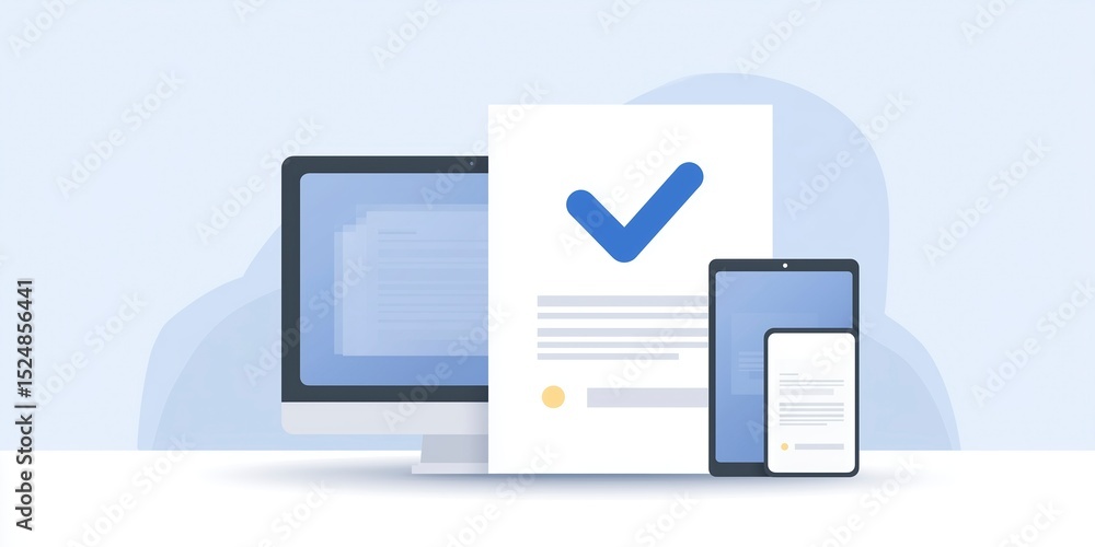 Fototapete Digital devices including a computer, tablet, and smartphone displaying a document with a checkmark, representing online verification and digital documentation process in a modern workspace