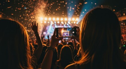 Audience Enjoying a Concert While Capturing the Moment on a Smartphone Amidst Colorful Confetti