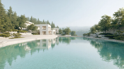 luxurious mansion exterior in trend of  featuring stunning water elements seamlessly integrated into landscape