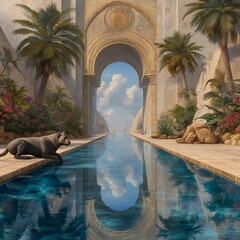 Majestic palace with a serene reflecting pool in a lush tropical setting