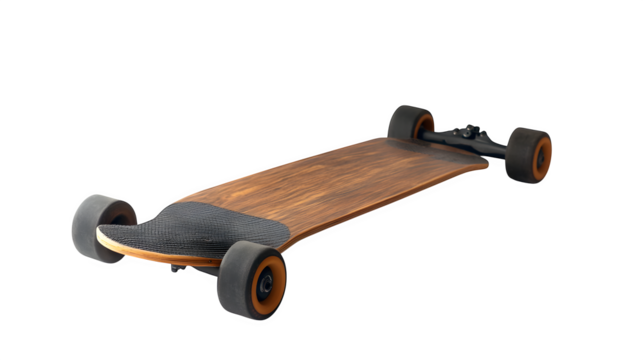 A longboard or skateboard with visible wheels and grip tape, isolated on Transparent background.