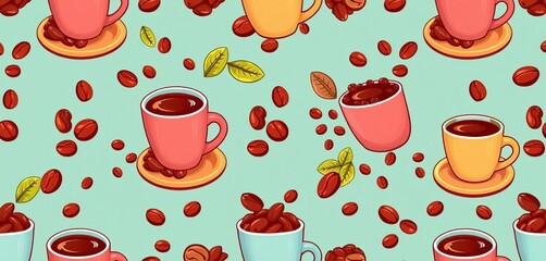 Seamless vector pattern featuring coffee cups and beans in a repeating design, graphic, cups