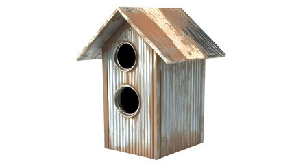 A realistic rendering of a birdhouse made from upcycled metal cans, isolated on Transparent background.