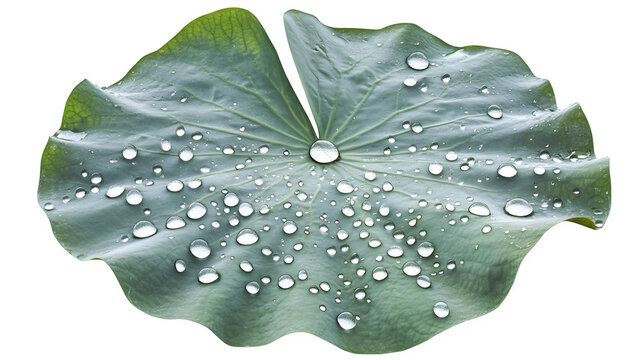 A realistic depiction of a lotus leaf surface repelling water droplets, isolated on Transparent background.