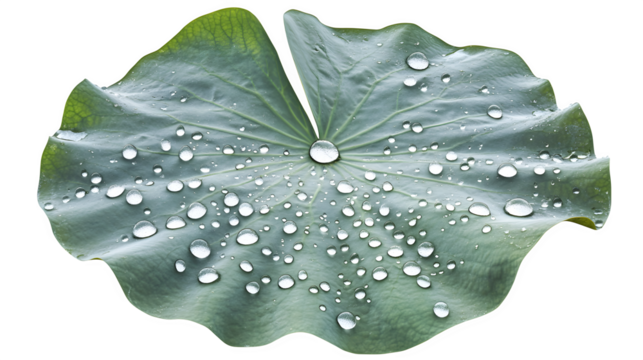 A realistic depiction of a lotus leaf surface repelling water droplets, isolated on Transparent background.