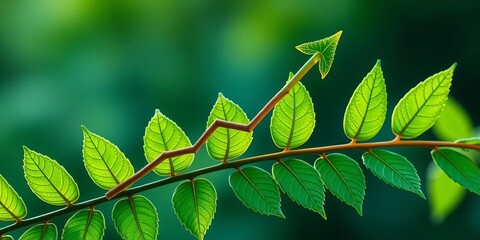 Upward trending graph overlaid on green leaf branch, symbolizing sustainable business growth,  earth,  growth chart
