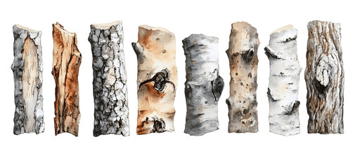 Artistic Collection of Tree Bark Textures on PNG Transparency Background
