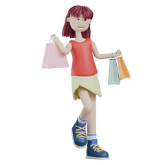 3d render woman character holding shopping bag pose gesture