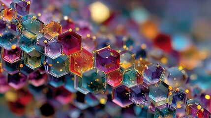 Photonic crystal refraction background with iridescent hexagonal lattice, nano-optics science art for tech conference visual, quantum computing article header, and innovation keynote.