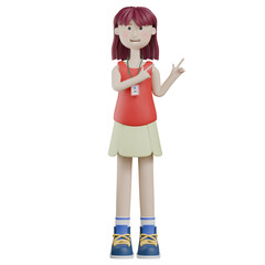 3d render woman character both hands pointing something gesture pose