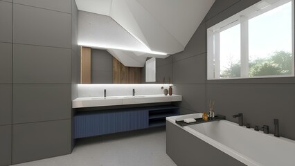 Stylish modern bathroom with slanted ceiling, dual sinks, ambient lighting, large window, and a sleek built-in bathtub featuring black fixtures and elegant accessories