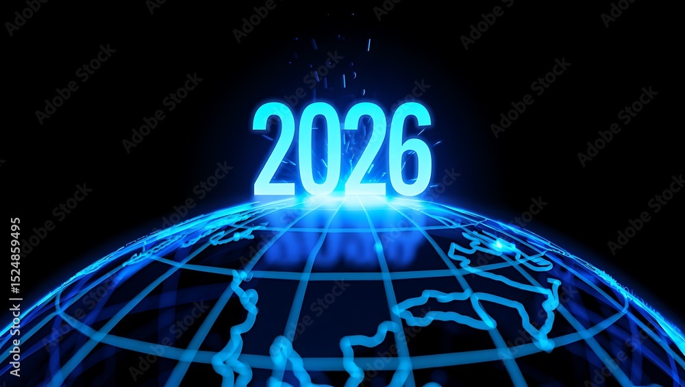 Poster holographic blue '2026' floating above rotating digital globe with neon grid lines on dark backgroun