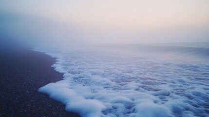 Obraz premium A serene seascape captures the beauty of the ocean. Soft waves embrace the shore. Mist creates a calming ambiance. Perfect for relaxation. Generative AI