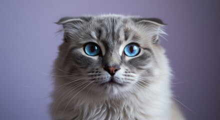 Close-up of a gray and white cat with striking blue eyes against a muted lavender background