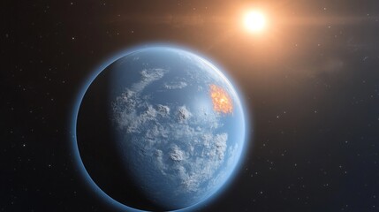 Fototapeta premium A stunning view of a blue planet surrounded by glow and warmth. Witness the beauty of space and planetary formations. Imagine the possibilities. Generative AI