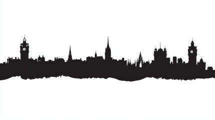 Obraz premium A striking black silhouette of Edinburgh’s skyline, featuring iconic landmarks and architectural shapes, set against a clean white background. 