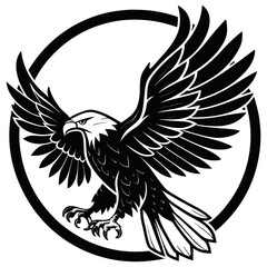 Obraz premium Eagle Circle Logo Black White Bird Wings Spread Round Emblem Military Symbol Vector Design Badge Illustration
