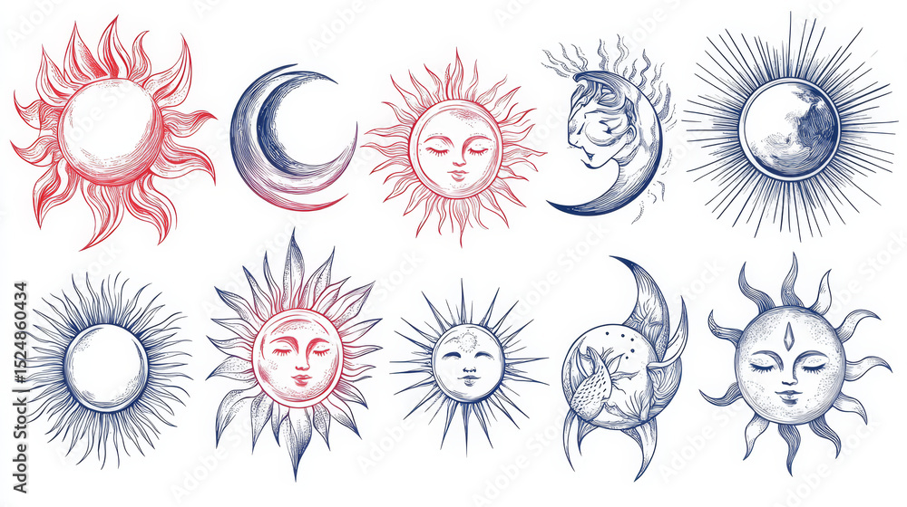 Aufkleber a versatile collection of sun-themed line designs in editable vector format, perfect for use on webs