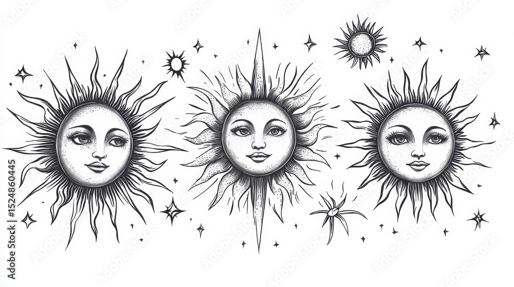 Poster a versatile collection of sun-themed line designs in editable vector format, perfect for use on webs