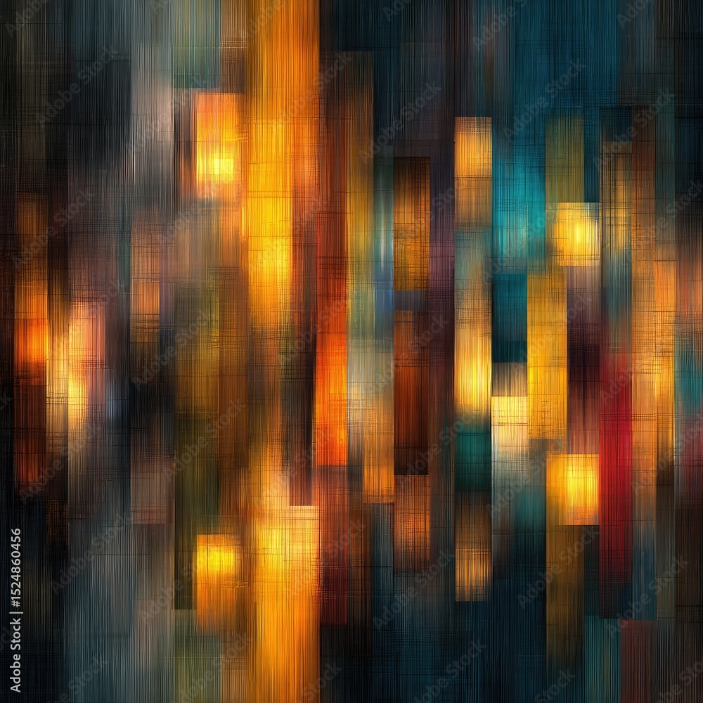Poster abstract artwork with blurred, rectangular shapes in warm and cool tones