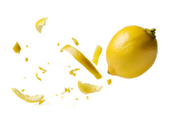 Exploding Lemon with Zest on PNG Transparency Background in Kitchen Environment