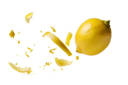 Exploding Lemon with Zest on PNG Transparency Background in Kitchen Environment