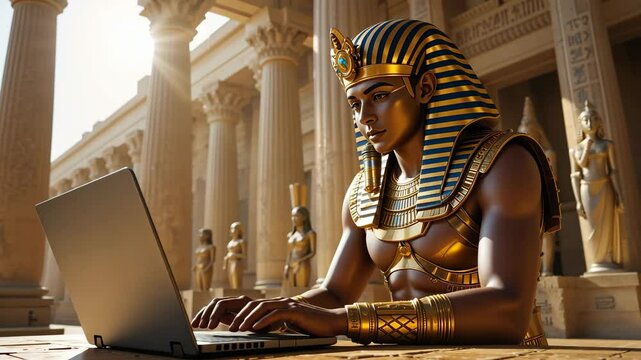 Egyptian pharaoh statue with golden armor seated in ancient temple surrounded by columns and hieroglyphs. Historical heritage concept