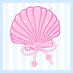 Coquette pink Seashell with pearl bow pastel hand drawn doodle Summer aesthetic for cute girly printable wall art and summer card design