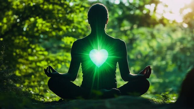 spiritual woman meditating on her heart chakra anahata. meditation in peaceful natural place with leaves blowing in the wind.