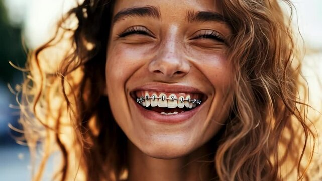Radiant Smile with Braces: A close-up shot of a beaming young woman, her genuine smile illuminated by sunlight, showcases the joy of the journey towards a perfect smile with braces.