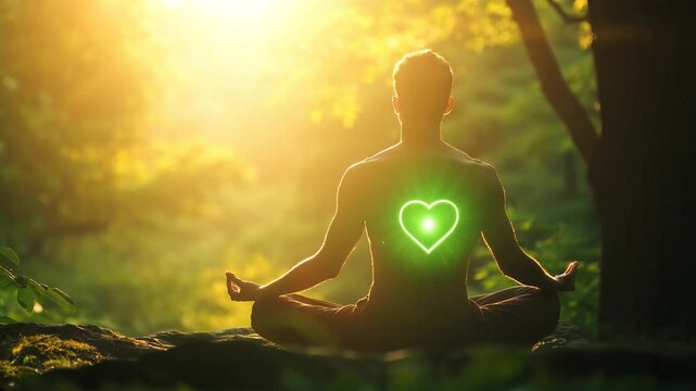 camera moving around man meditating and opening his heart chakra in beautiful nature during sunset
