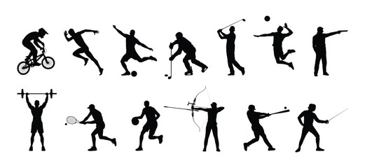 Fototapeta premium Group of different sports athlete disciplines vector black silhouette set collection. Olympics games sports icon logo vector black silhouettes.
