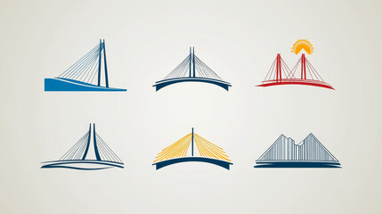 Naklejka premium A creative collection of abstract bridge logo design templates, featuring a range of premium, modern icons that symbolize connection, strength, and structure. 