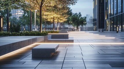 Modern Cityscape at Dusk, Illuminated Urban Plaza with Benches and Trees