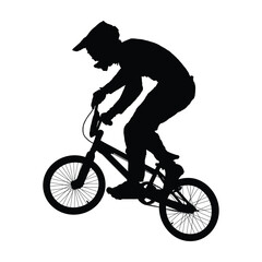 Fototapeta premium Man with helmet riding bmx jumping black silhouette vector. Isolated male riding bmx bike in bmx racing game black silhouette.