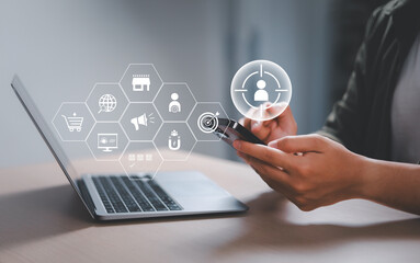 Digital Marketing Strategy Concept, Target Customers, Customer Analytics, Customized Marketing, Customer Focused Strategy, Businessman Touching Screen to Target Customers