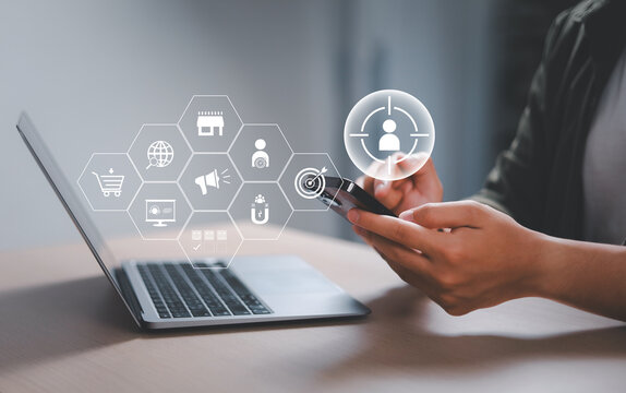 Digital Marketing Strategy Concept, Target Customers, Customer Analytics, Customized Marketing, Customer Focused Strategy, Businessman Touching Screen to Target Customers