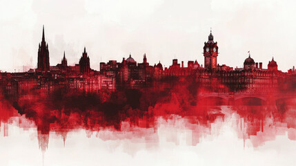 Obraz premium A captivating city skyline poster of Edinburgh, United Kingdom, featuring iconic landmarks rendered with a reddish, misty transparent effect. 