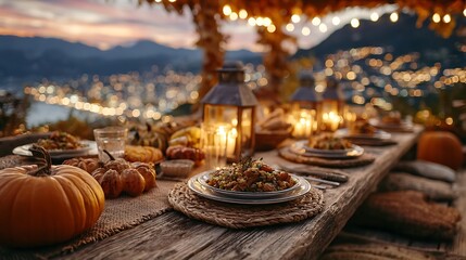Thanksgiving dinner table setting with pumpkins, lanterns, and city lights at dusk creating a festive ambiance