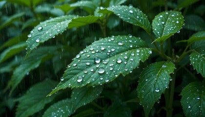 Rain droplets on glossy leaves form tiny prisms, their crystalline clarity enhancing the lush green backdrop.